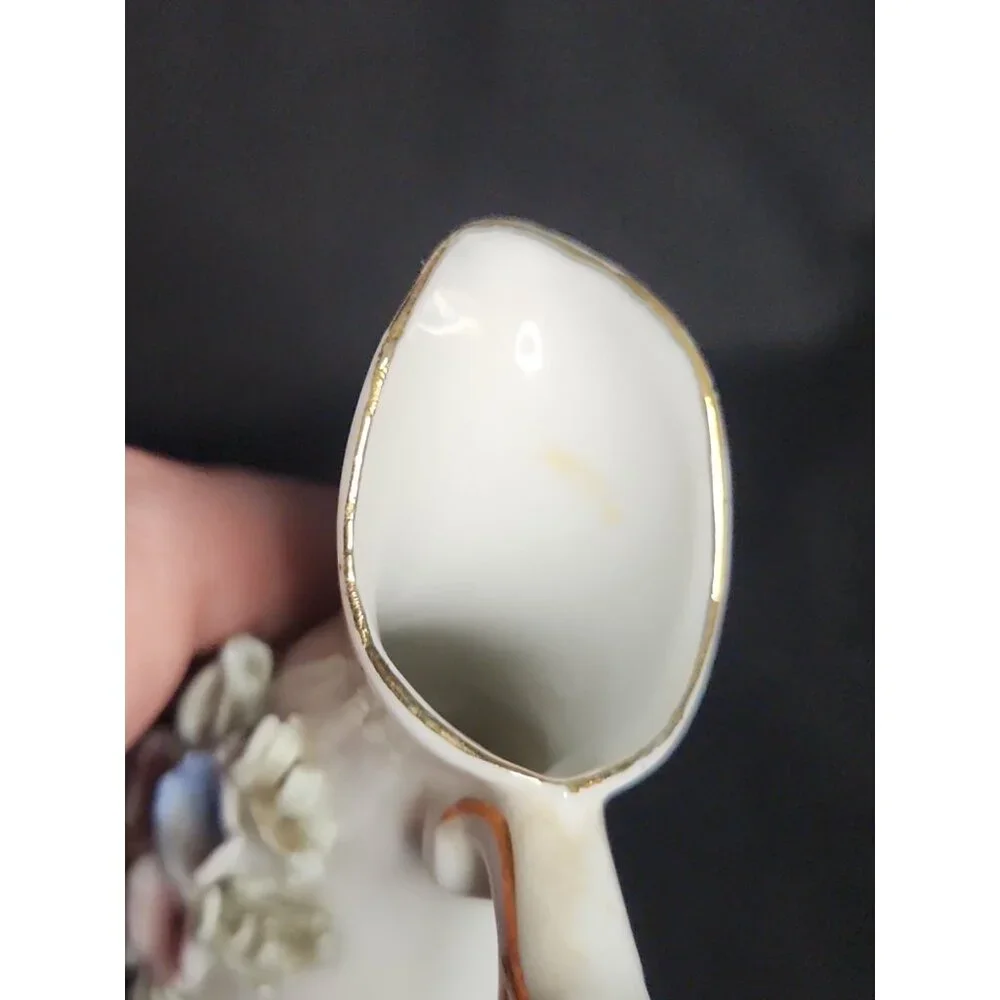 Cream Porcelain Pitcher Vase with Pastel Floral Appliqués and Gold Trim